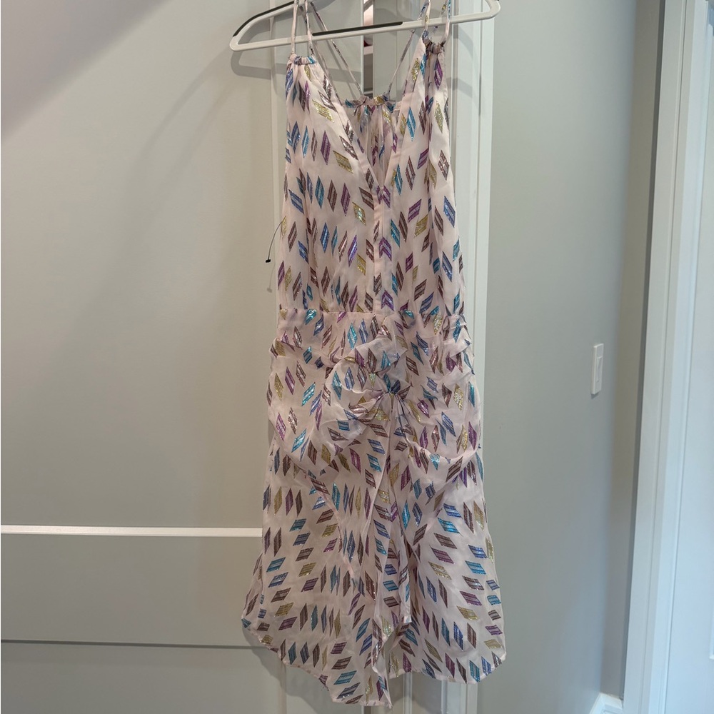 IRO White Mini Dress with Blue and Purple Metallic Accents